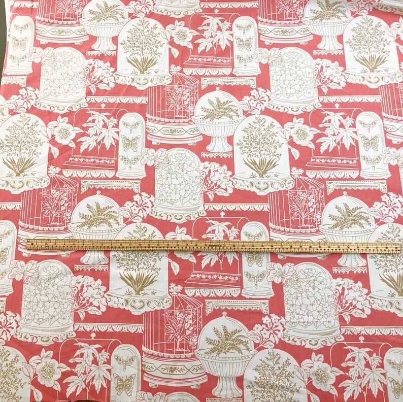 Green and Coral Floral Linen Fabric, Chinoiserie